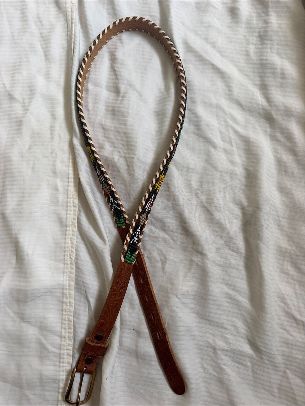 Braided Leather Belt with Colorful Bead Accents